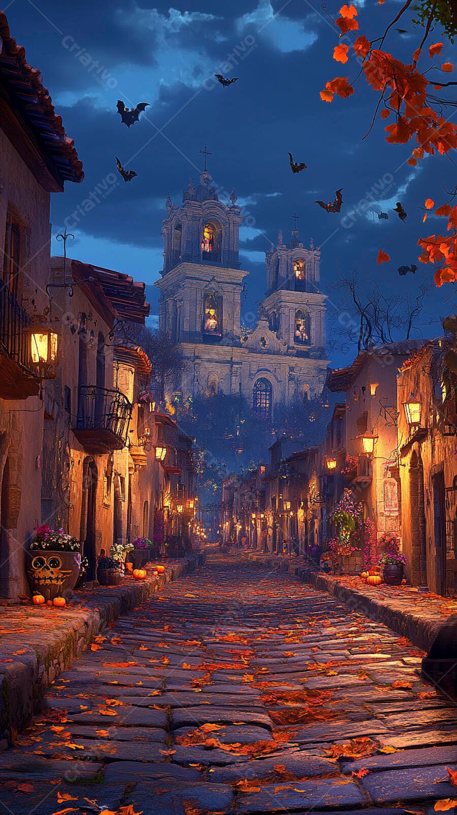 Rua de paralelepípedos iluminada com abóboras e morcegos à noite de Halloween