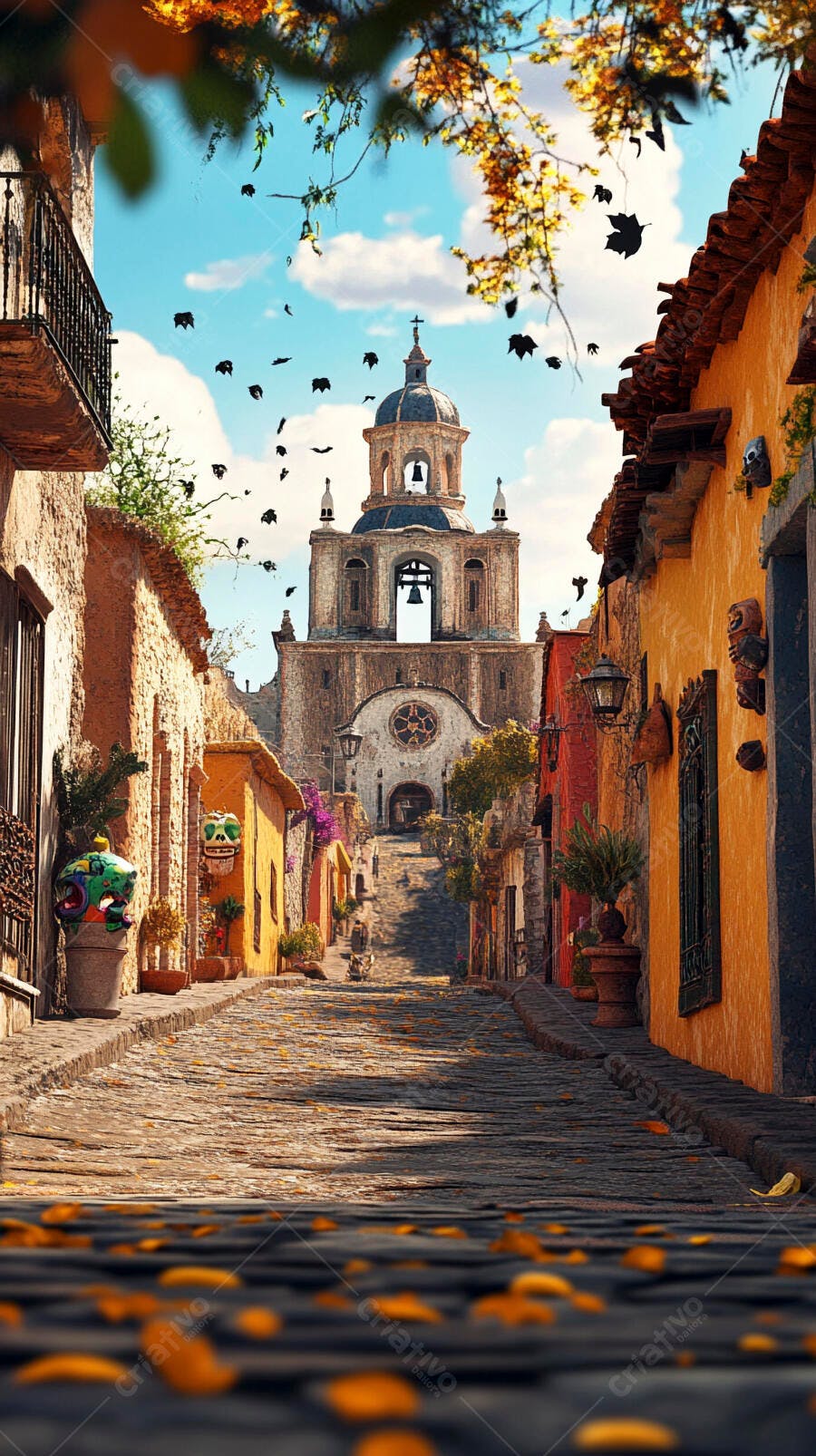 Rua de paralelepípedos colorida em cidade histórica com igreja ao fundo outono