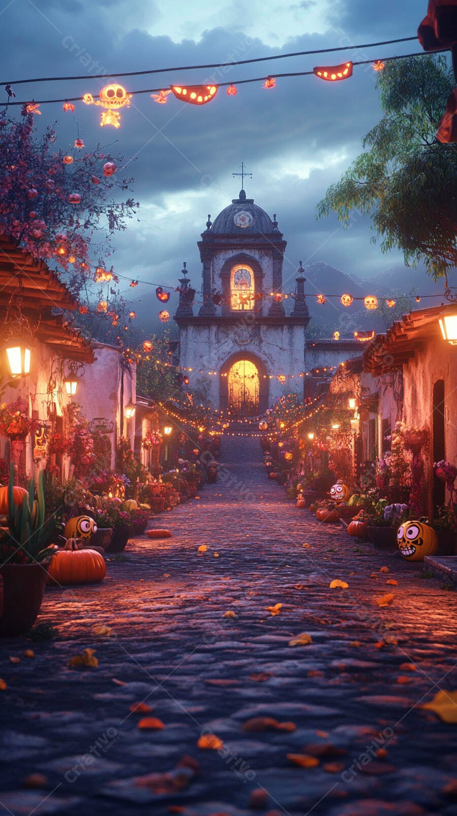 Rua de vila decorada para Dia de Muertos com abóboras e luzes coloridas ao anoitecer