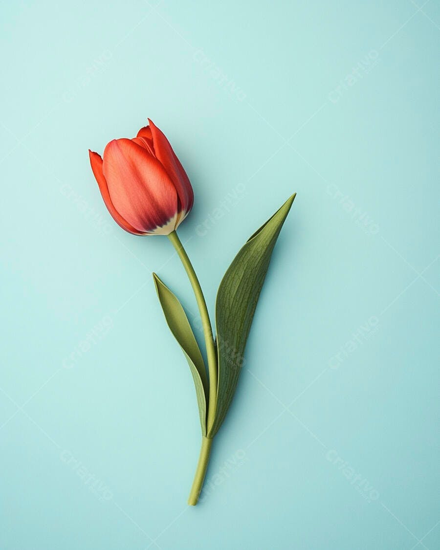 Tulipa vermelha vibrante com folhas verdes em fundo azul claro minimalista