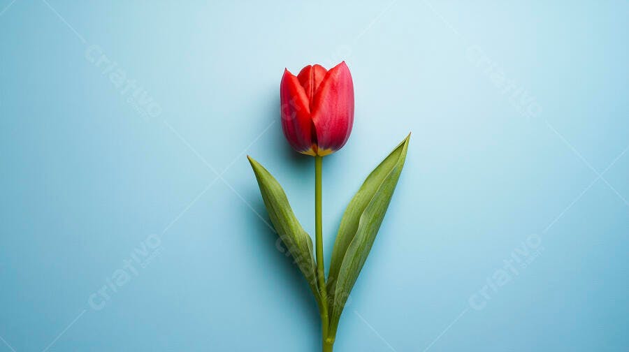 Tulipa vermelha vibrante em fundo azul claro minimalista