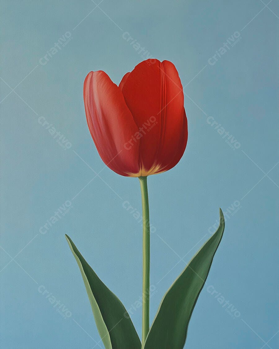 Tulipa vermelha vibrante com folhas verdes em fundo azul claro