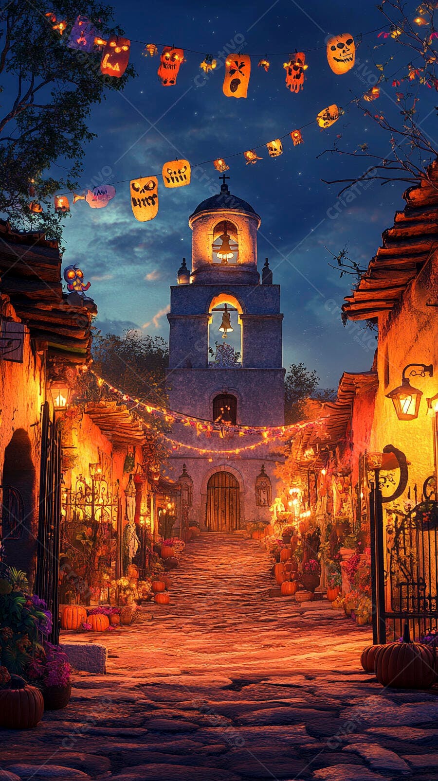 Rua noturna decorada com abóboras e lanternas de Halloween em vila antiga