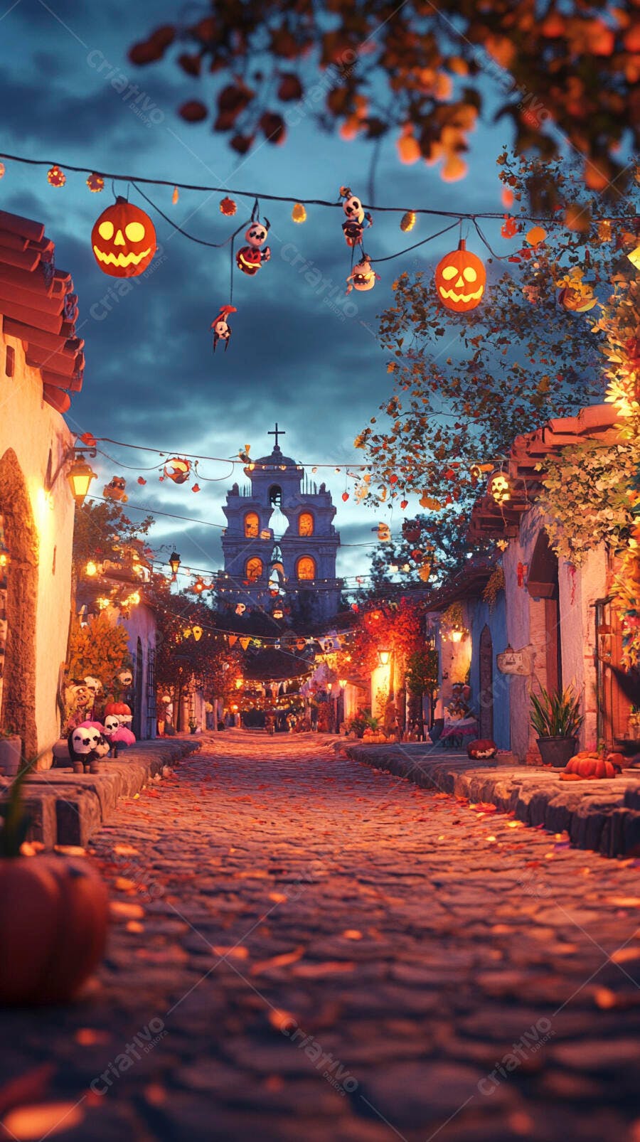 Rua de pedra decorada para Halloween com abóboras e igreja ao entardecer