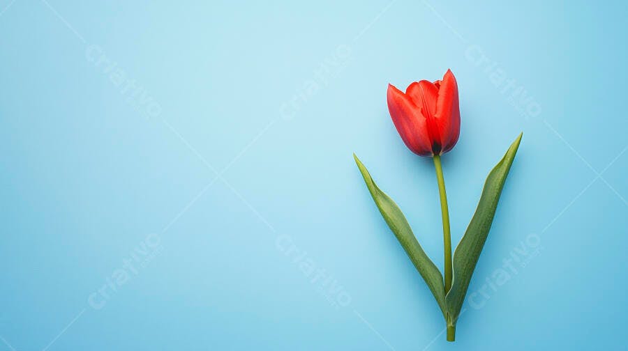 Tulipa vermelha vibrante em fundo azul claro minimalista