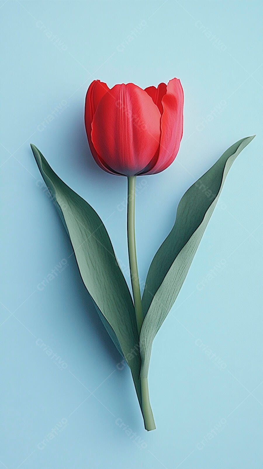 Tulipa vermelha vibrante com folhas verdes em fundo azul claro