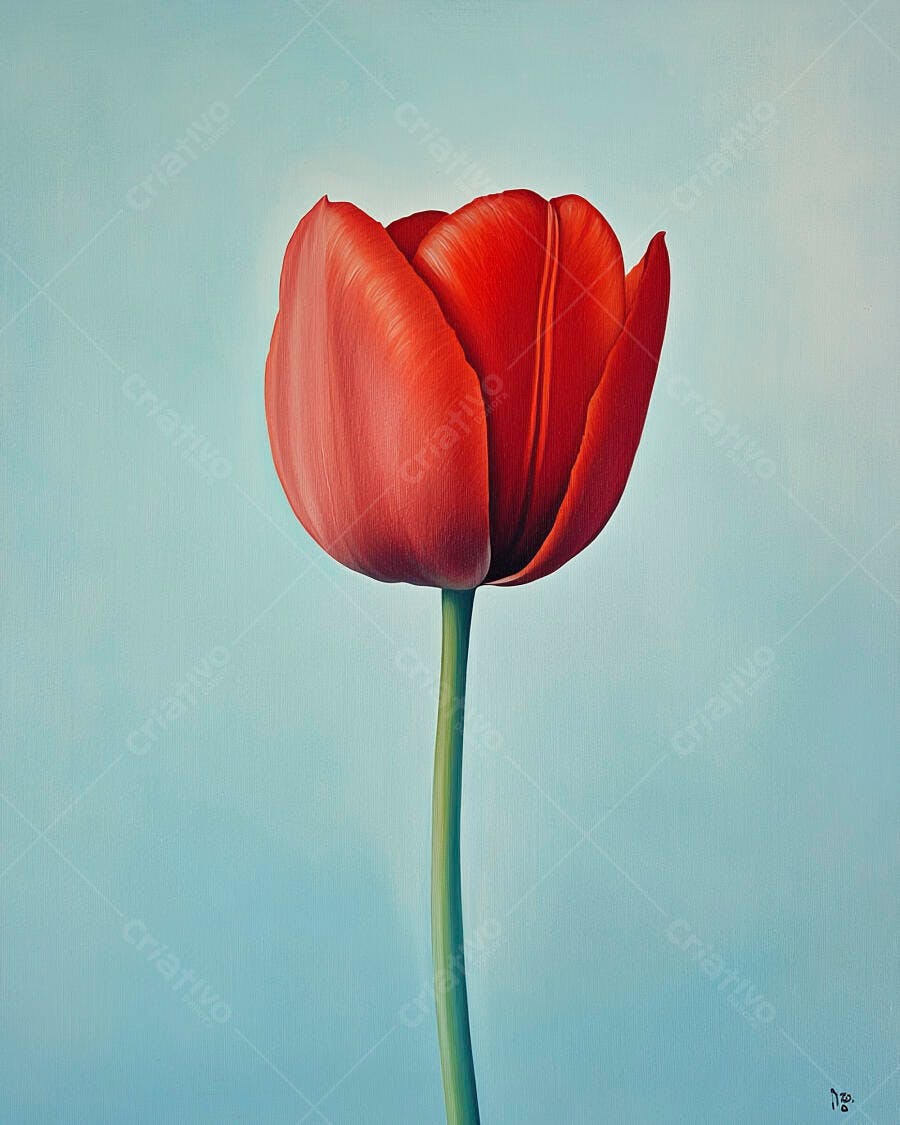 Tulipa vermelha vibrante em fundo azul claro minimalista pintura