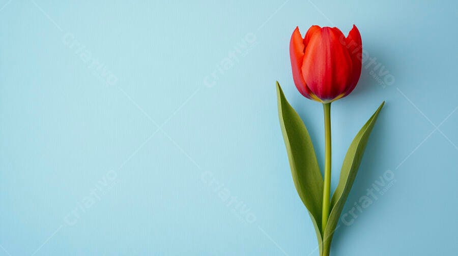 Tulipa vermelha vibrante em fundo azul claro com espaço de cópia