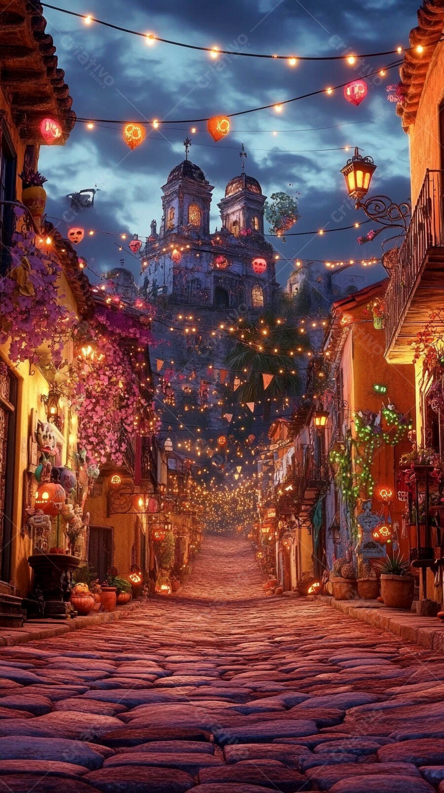Rua de vila mexicana com luzes festivas e lanternas de crânio à noite