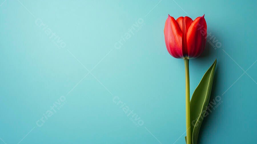 Tulipa vermelha vibrante com haste verde sobre fundo azul turquesa minimalista