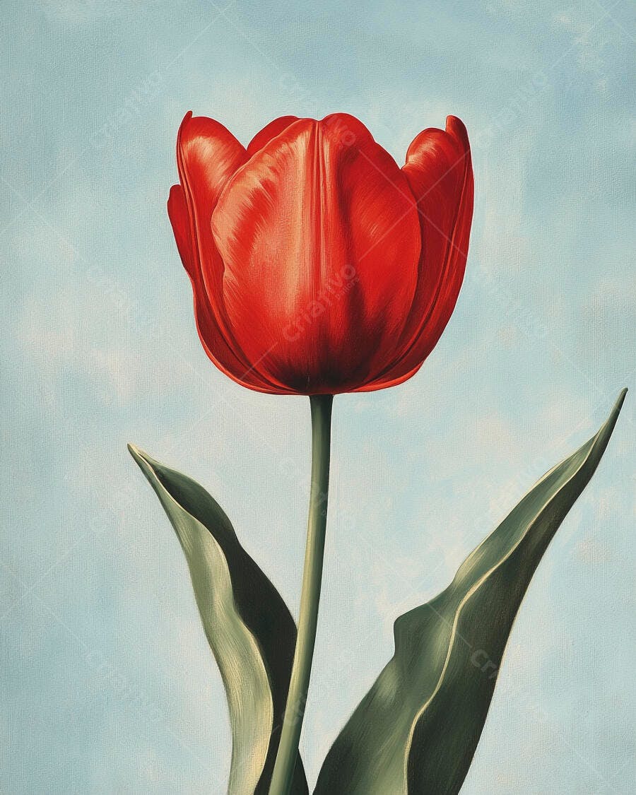 Tulipa vermelha vibrante pintura clássica em tela azul claro