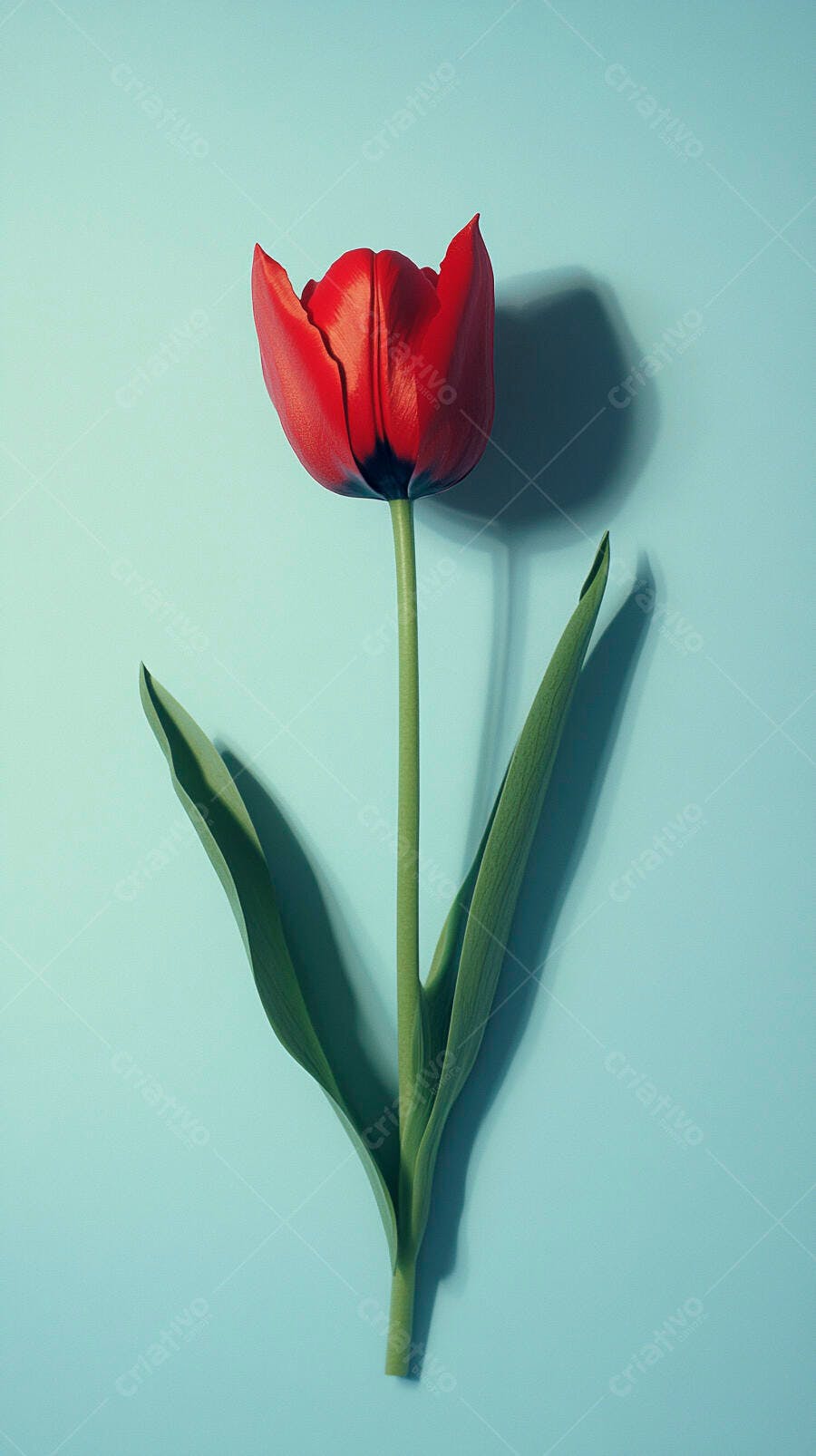 Tulipa vermelha vibrante com fundo azul claro minimalista
