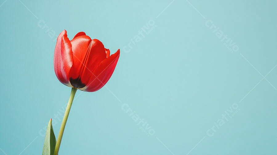 Tulipa vermelha vibrante em fundo azul claro minimalista