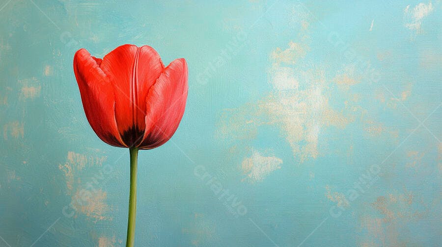 Tulipa vermelha vibrante em fundo azul texturizado minimalista
