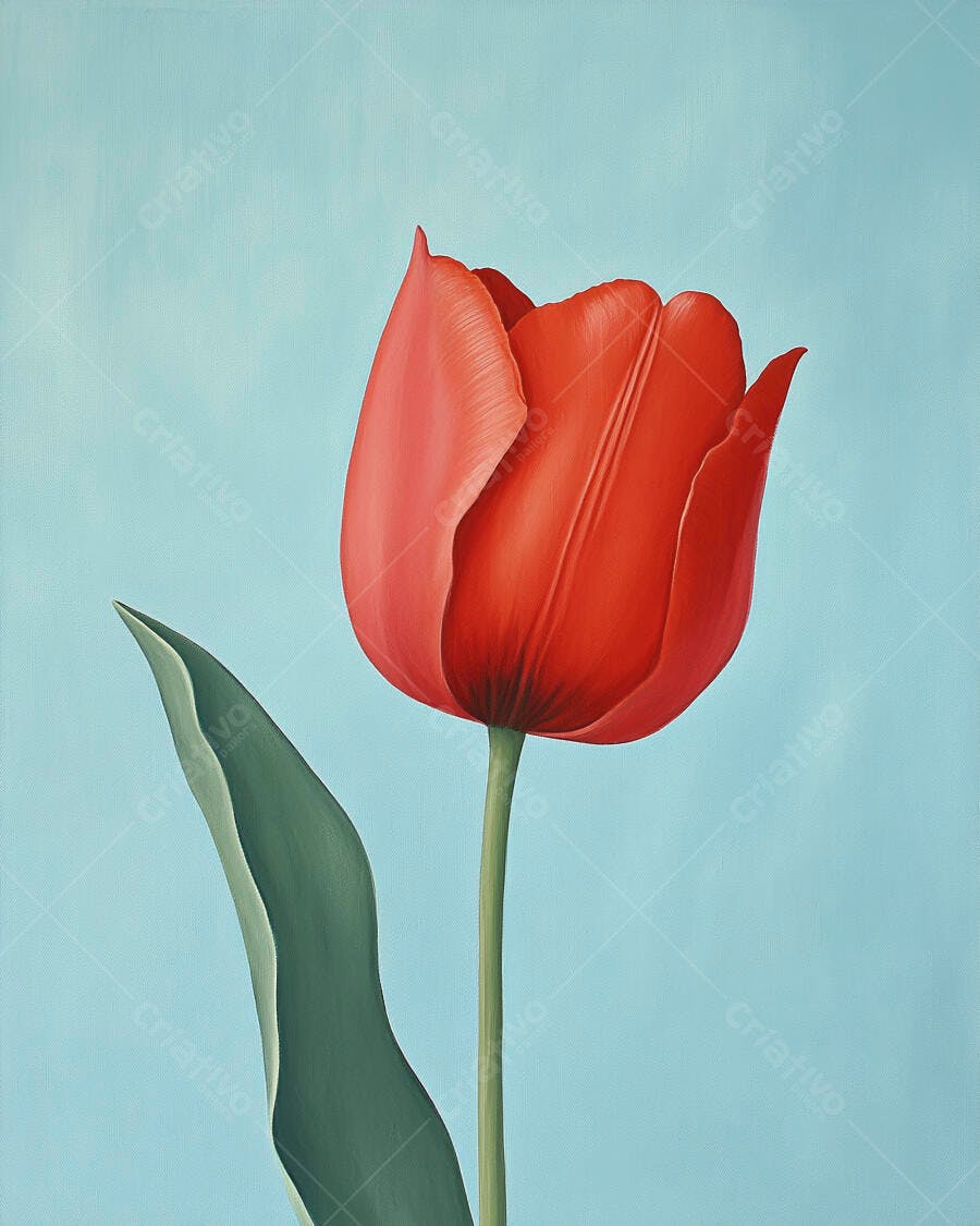 Tulipa vermelha vibrante com folha verde em fundo azul claro pintura