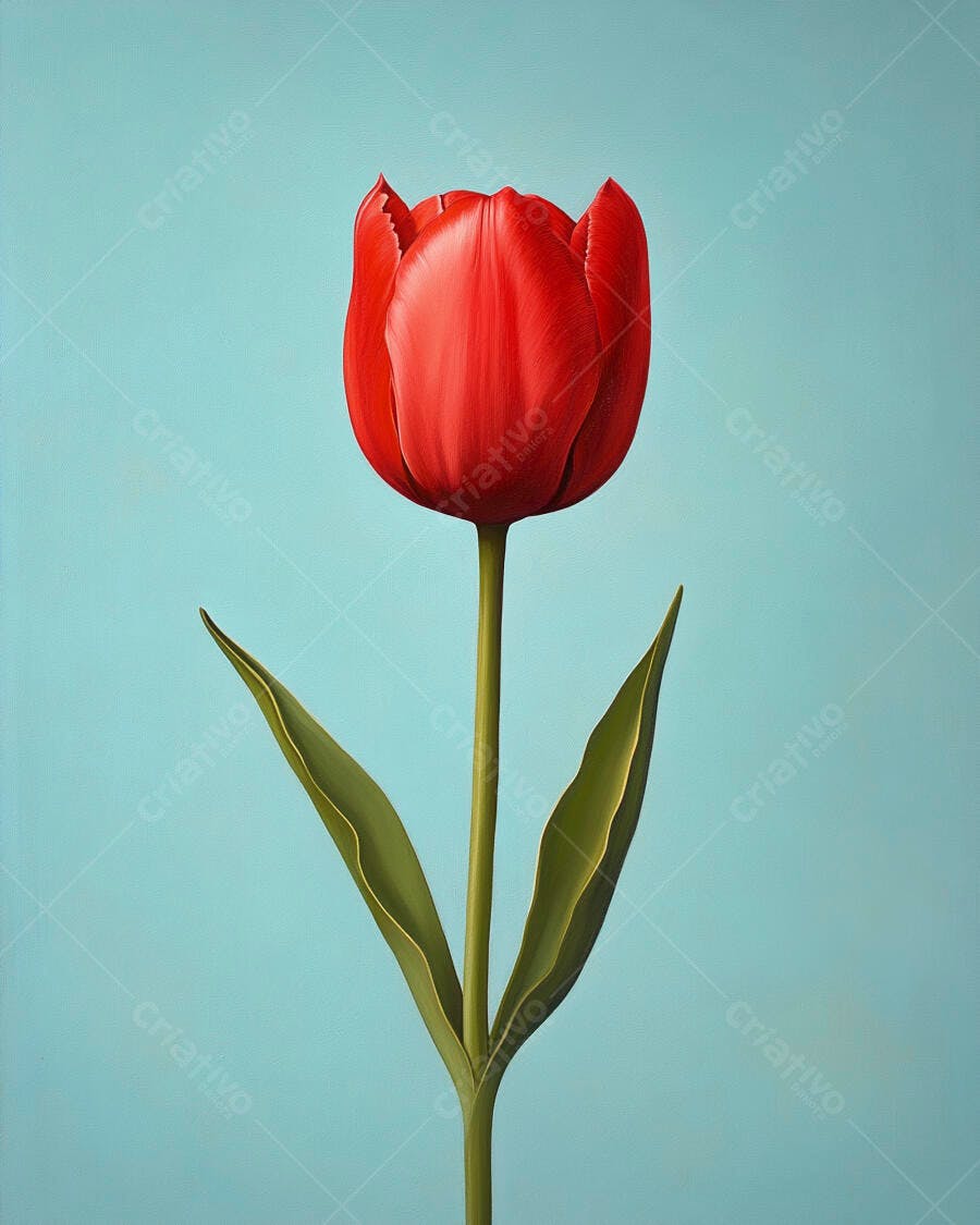 Tulipa vermelha vibrante com folhas verdes em fundo azul claro