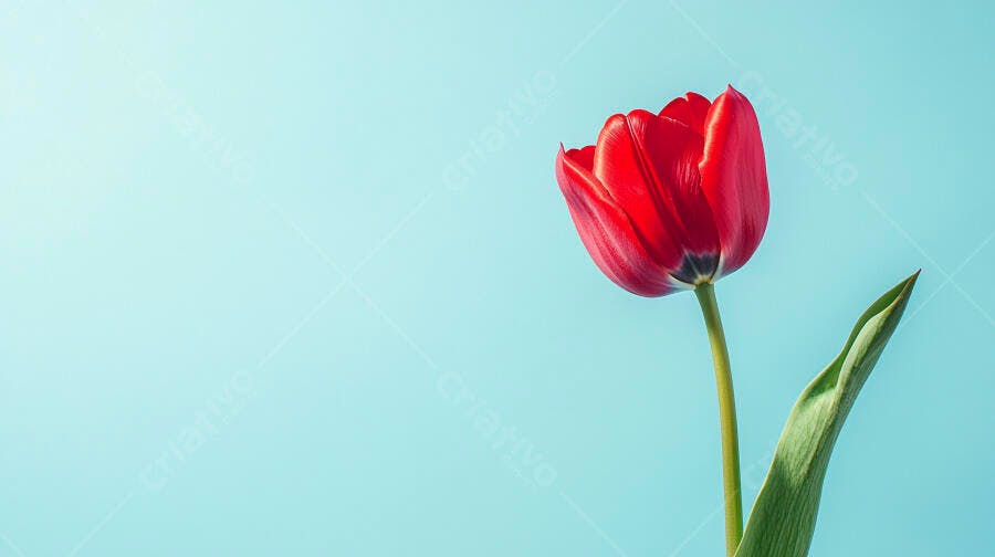 Tulipa vermelha vibrante com haste verde em fundo azul claro minimalista