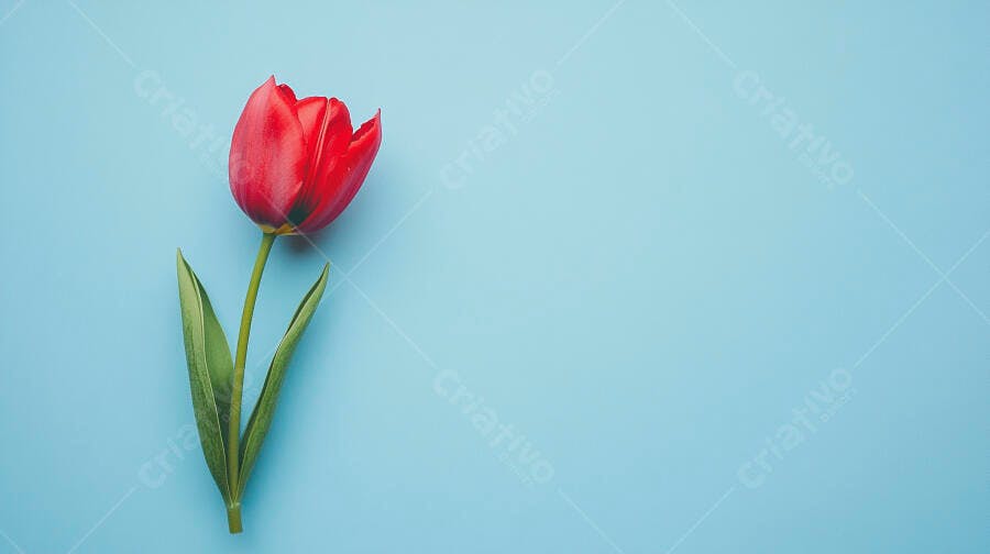 Tulipa vermelha vibrante em fundo azul claro minimalista