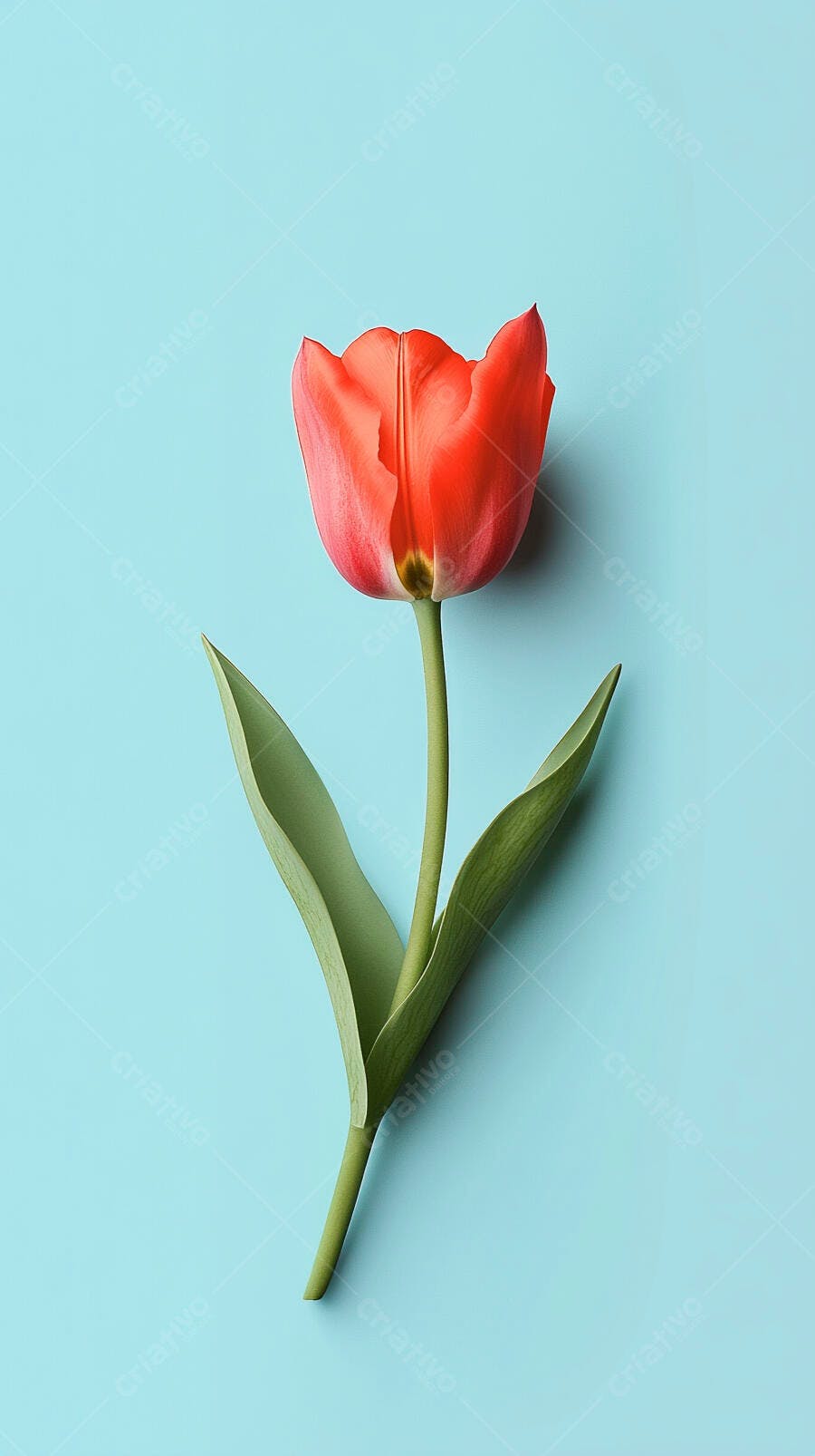 Tulipa coral vibrante com folhas verdes em fundo azul claro