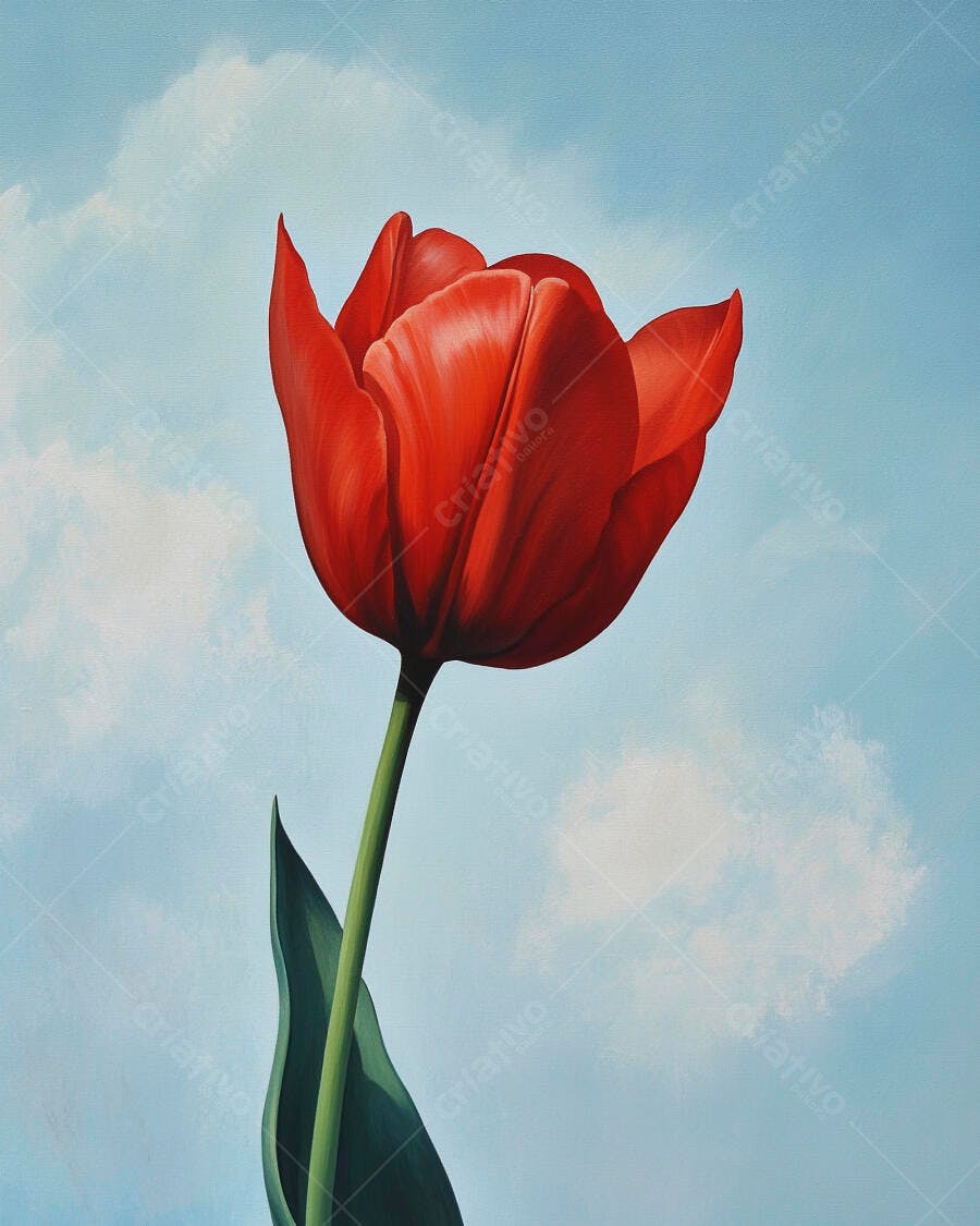 Tulipa vermelha vibrante com haste verde contra céu azul claro