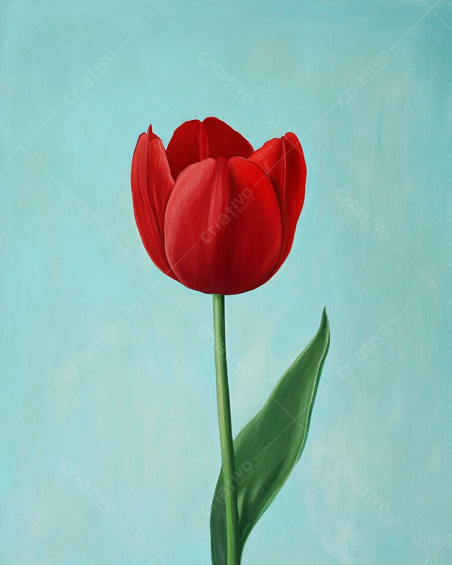Tulipa vermelha solitária pintura em aquarela fundo azul claro