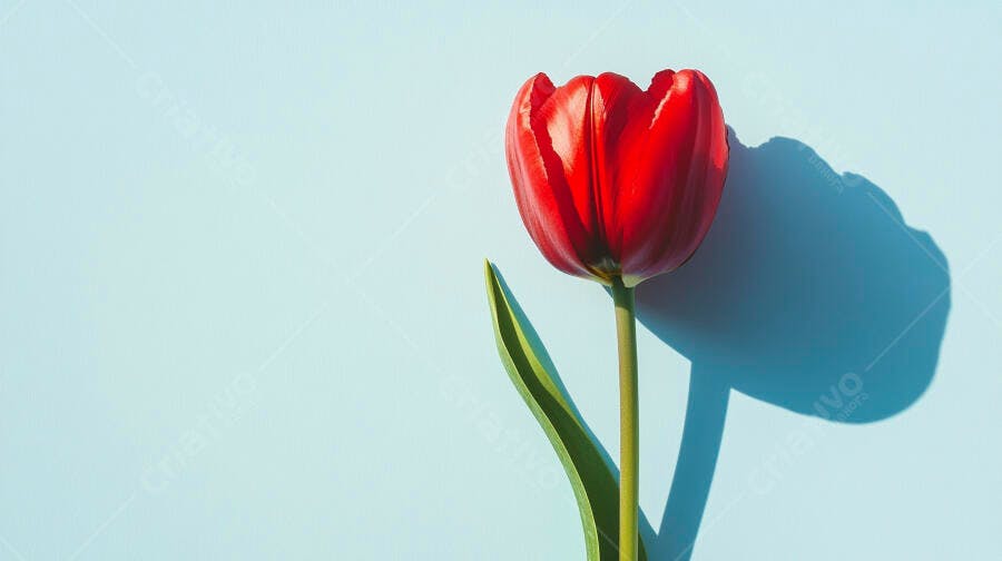 Tulipa vermelha vibrante com sombra azul em fundo pastel
