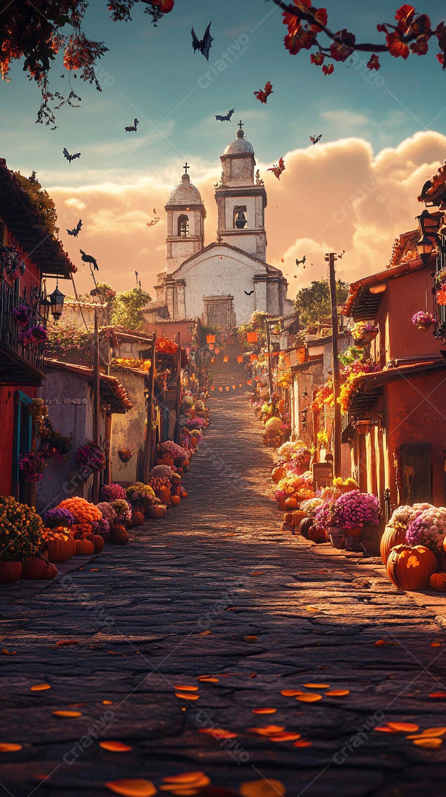 Rua de paralelepípedos com abóboras morcegos voando e igreja ao pôr do sol de outono