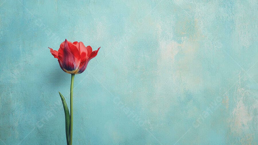 Tulipa vermelha vibrante com haste verde em fundo azul texturizado minimalista