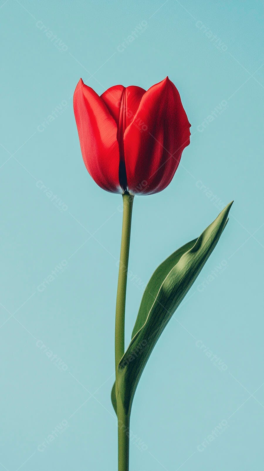 Tulipa vermelha vibrante em fundo azul claro minimalista