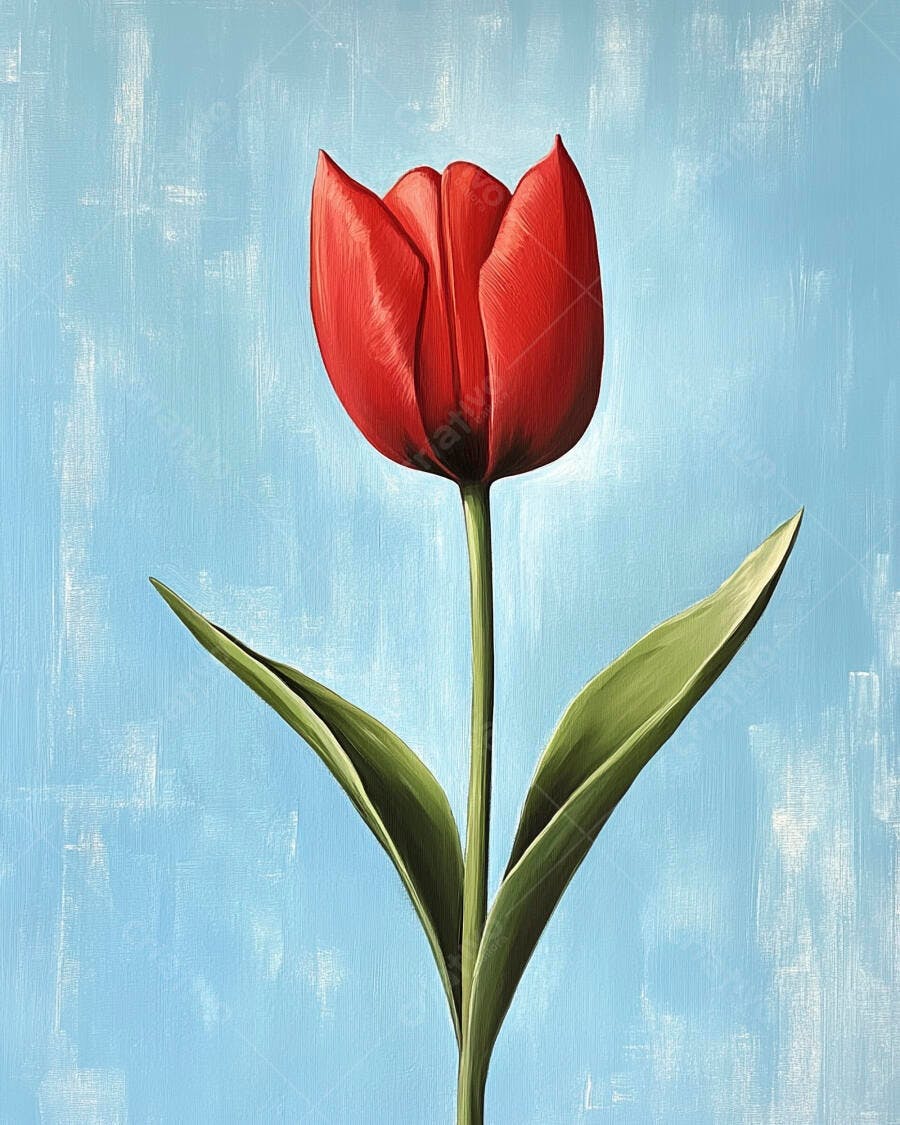 Tulipa vermelha vibrante com haste verde em fundo azul claro texturizado estilo pintura