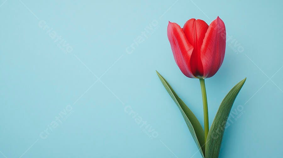 Tulipa vermelha vibrante sobre fundo azul claro minimalista para primavera