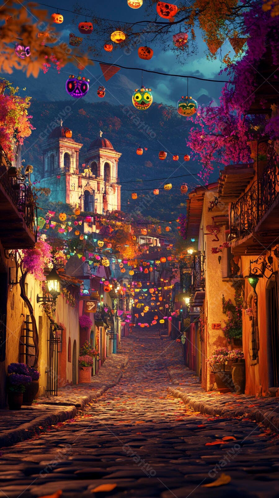 Rua colorida de cidade colonial iluminada para festival noturno