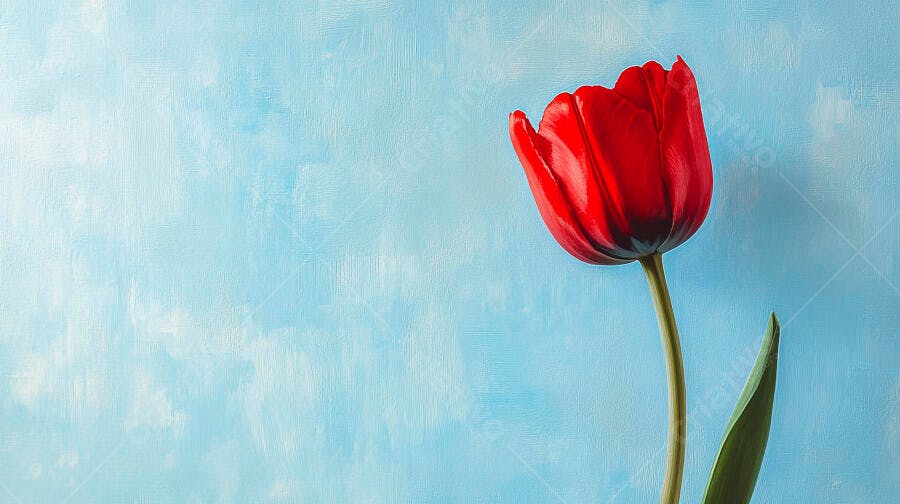 Tulipa vermelha vibrante em fundo azul texturizado minimalista