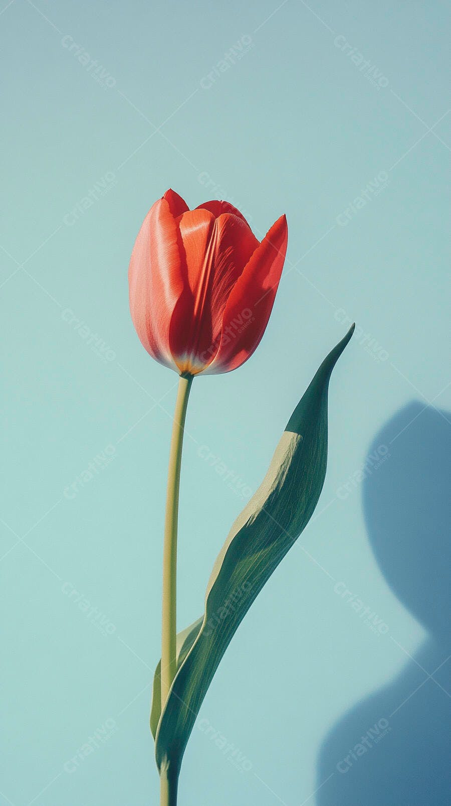 Tulipa vermelha vibrante em fundo azul claro com sombra elegante