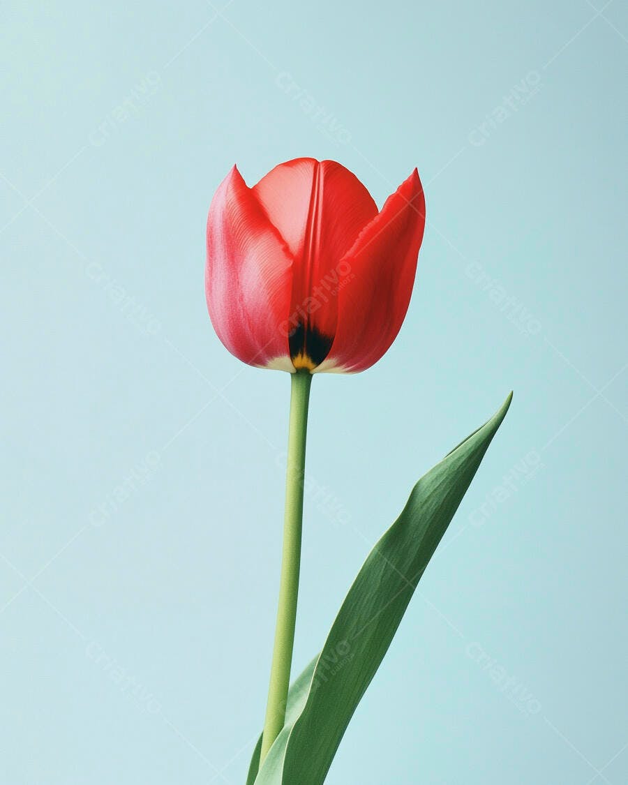 Tulipa vermelha vibrante com folha verde em fundo azul claro