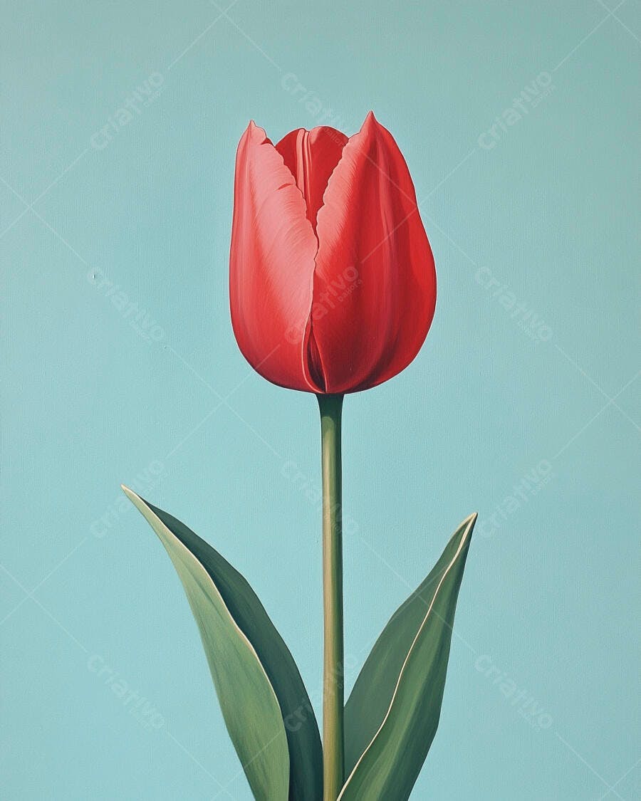 Tulipa vermelha vibrante com folhas verdes em fundo azul claro