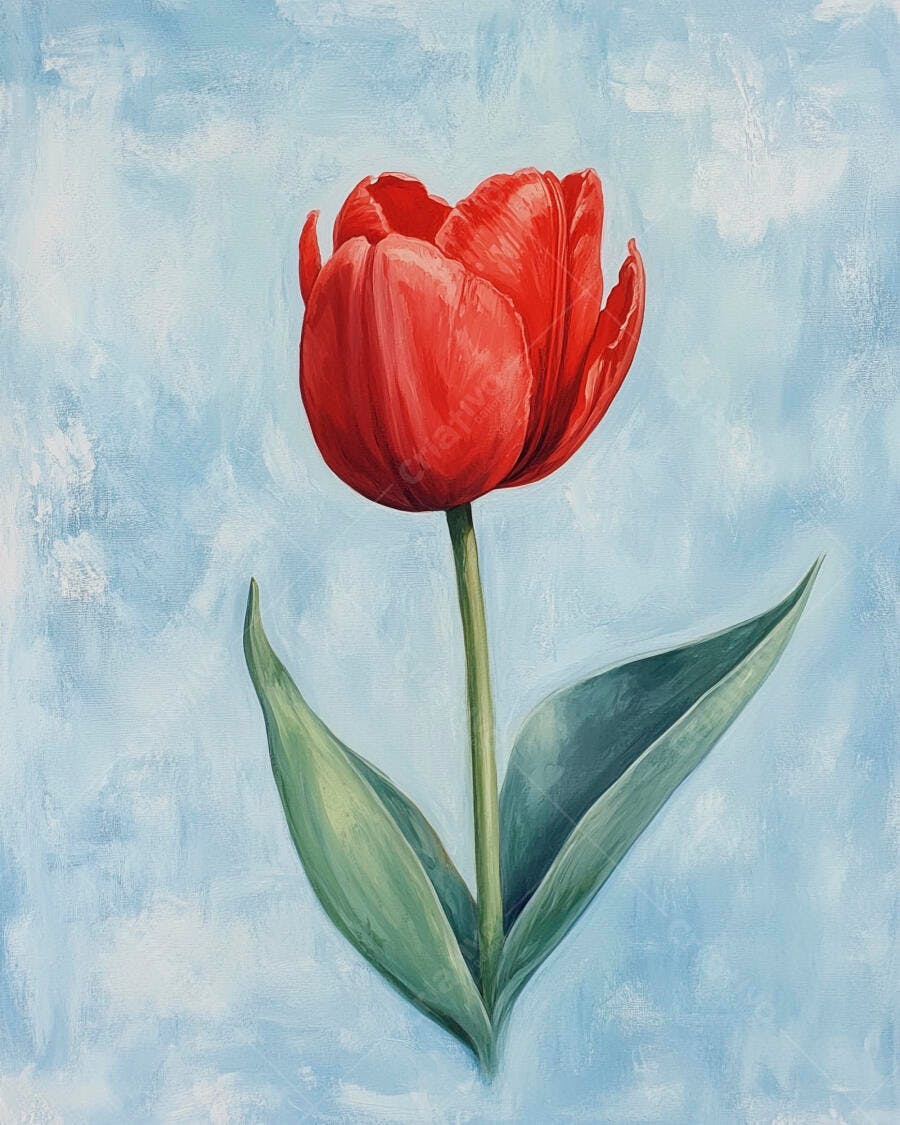 Tulipa vermelha vibrante em pintura de arte com fundo azul claro e traços texturizados