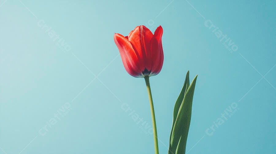Tulipa vermelha vibrante contra fundo azul claro minimalista