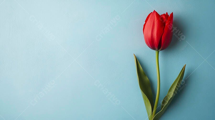 Tulipa vermelha vibrante em fundo azul claro minimalista