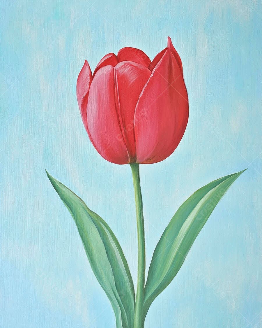 Tulipa vermelha vibrante em pintura a óleo com fundo azul claro