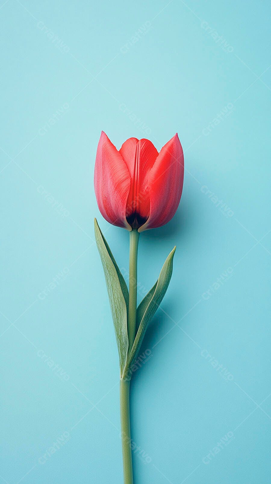 Tulipa vermelha vibrante com haste verde em fundo azul claro minimalista