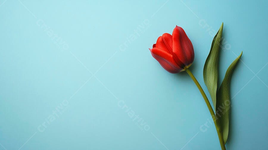 Tulipa vermelha vibrante com folhas verdes em fundo azul claro