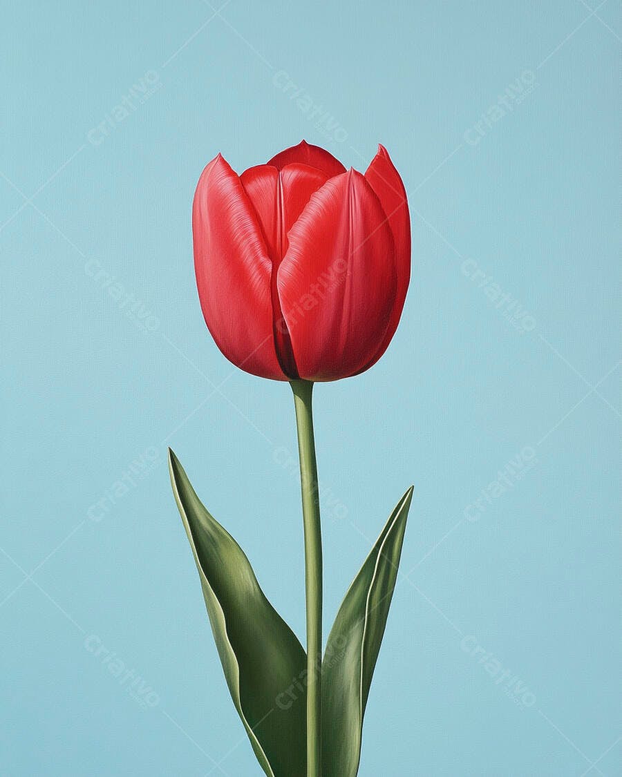 Tulipa vermelha vibrante com folhas verdes em fundo azul claro
