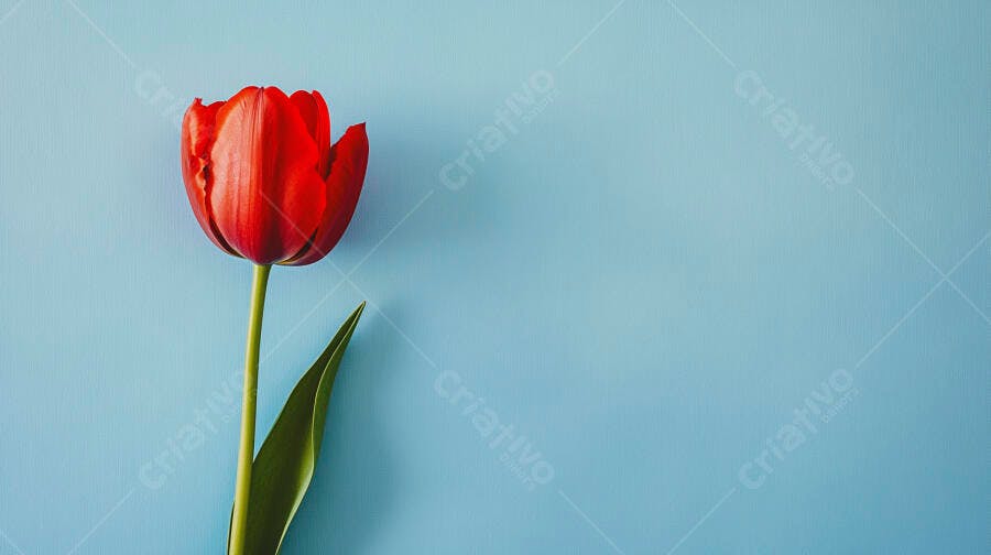 Tulipa vermelha vibrante sobre fundo azul claro minimalista