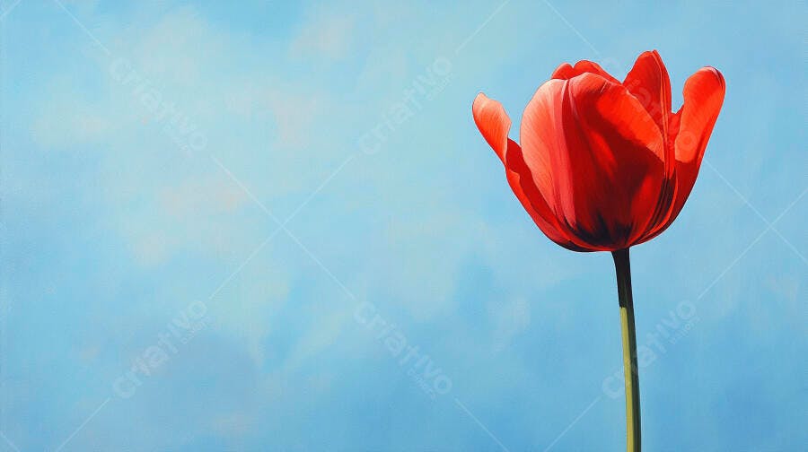 Tulipa vermelha vibrante contra céu azul claro na primavera