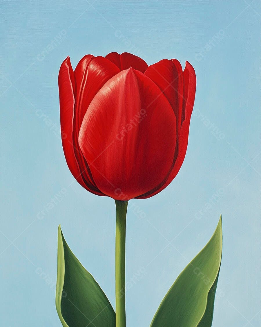 Tulipa vermelha vibrante em pintura fundo azul claro