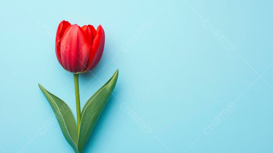 Tulipa vermelha vibrante com folhas verdes em fundo azul claro minimalista