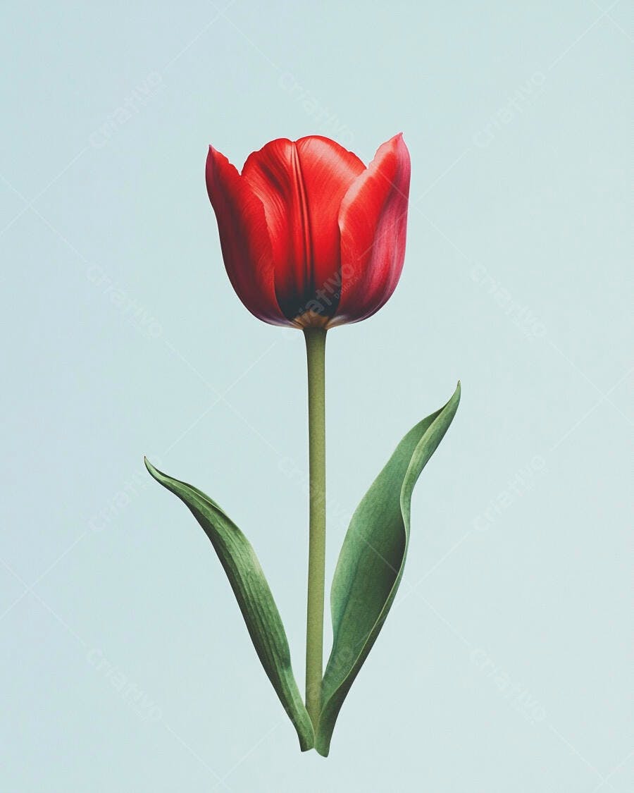 Tulipa vermelha vibrante com caule verde em fundo azul claro minimalista