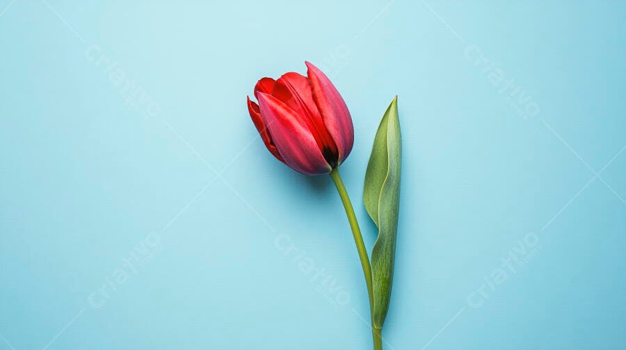 Tulipa vermelha vibrante com folha verde sobre fundo azul celeste