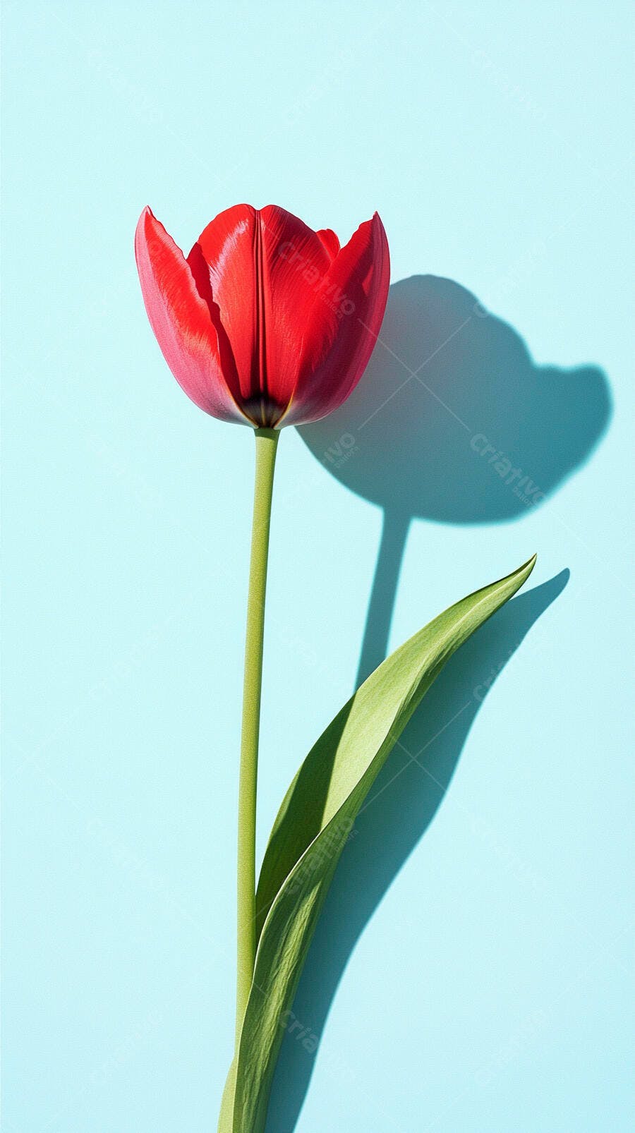 Tulipa vermelha vibrante com haste verde em fundo azul claro minimalista e sombra